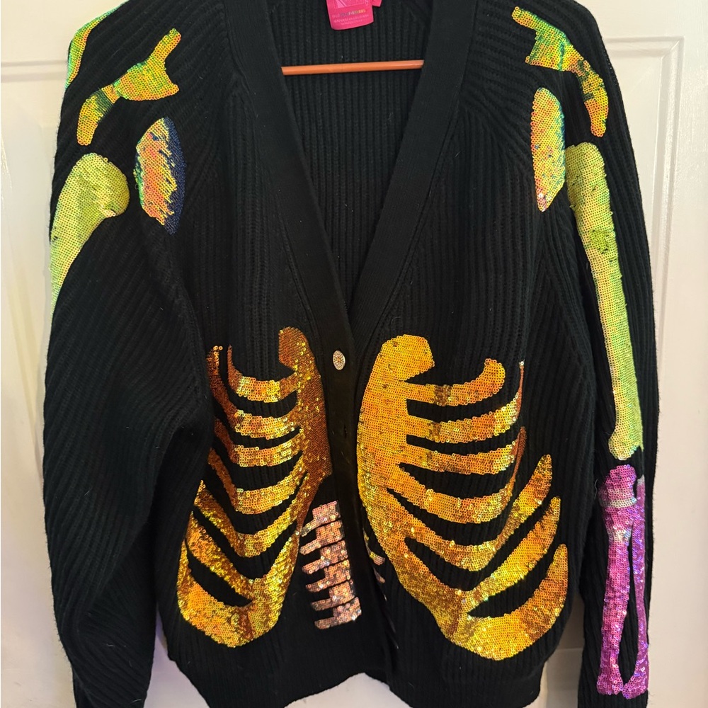 QUEEN OF SPARKLES Black Cardigan with Multicolor Sequin Skeleton